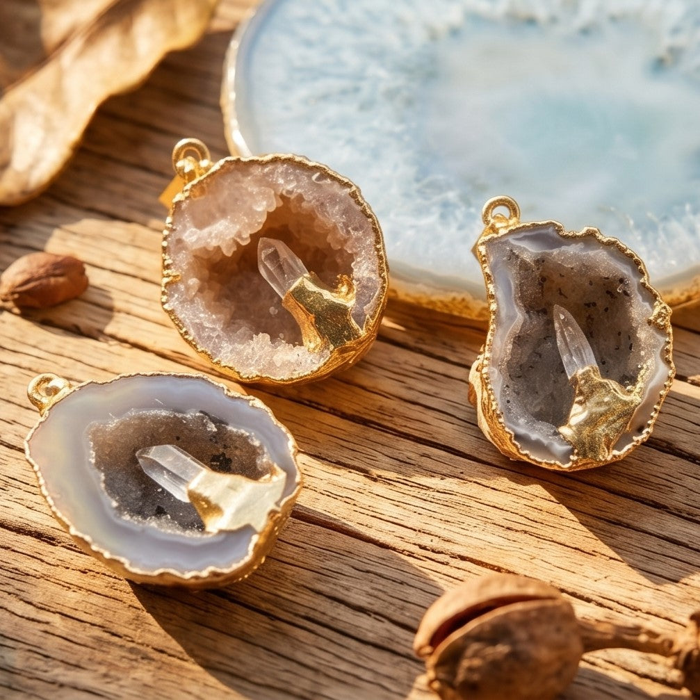 Oco Geode Druzy Crystal Pendant with Quartz Point (Gold Plated) Amazing Crystals