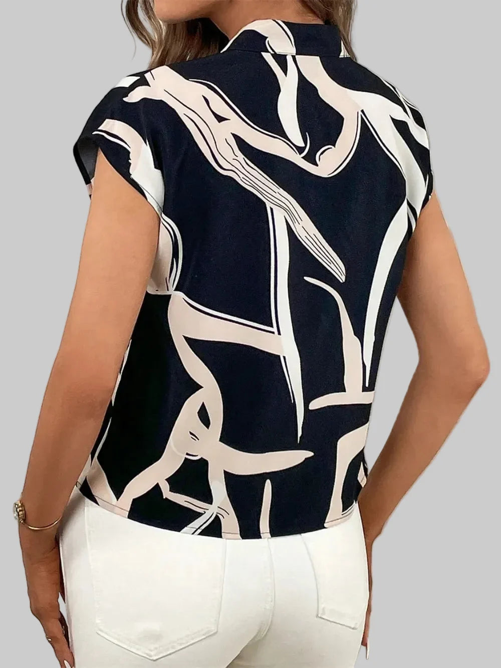 Women Printed Tie Neck Cap Short Sleeve Blouse NicholesGifts