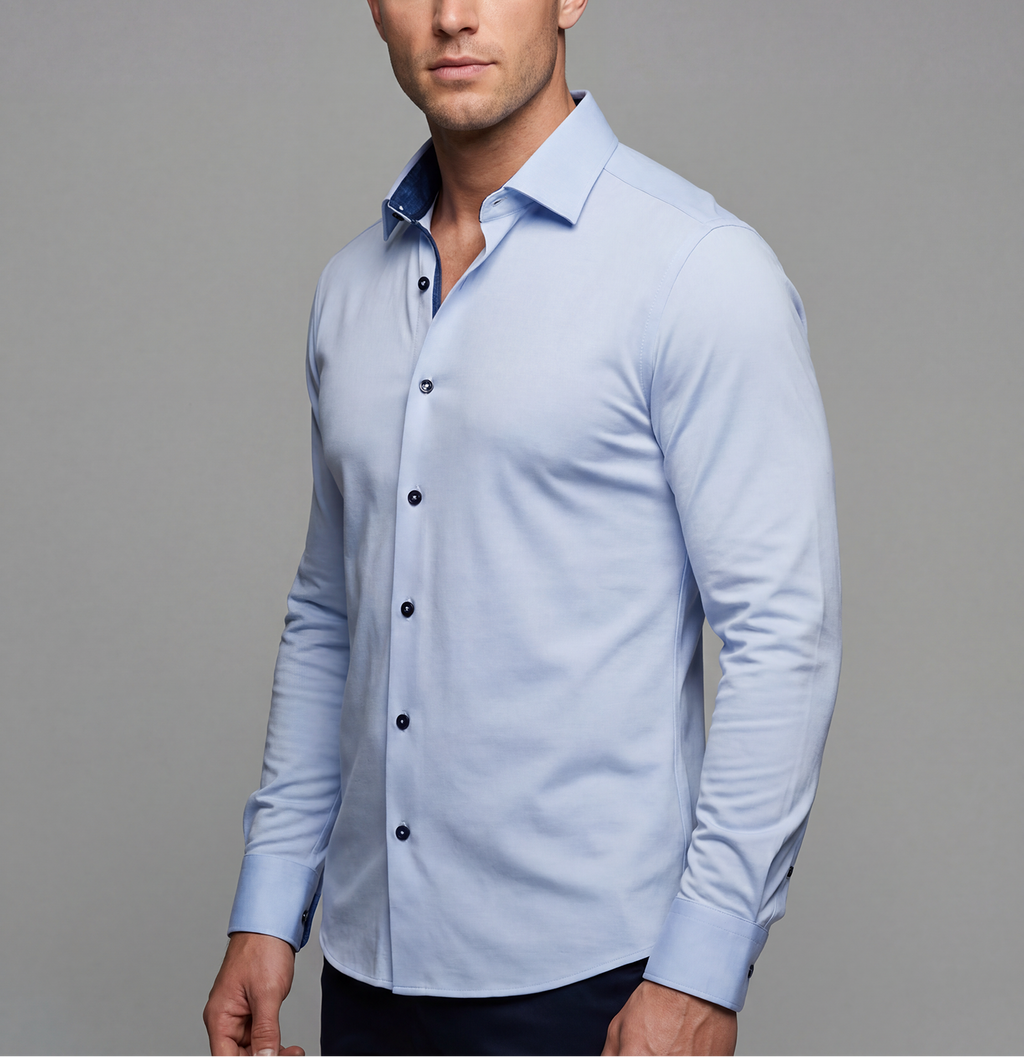 Ralph// Cotton Knit-Stretch Button-Up Shirt With Contrast Details // Blue // Tailored Fit (Fitted) LEVINAS® Official