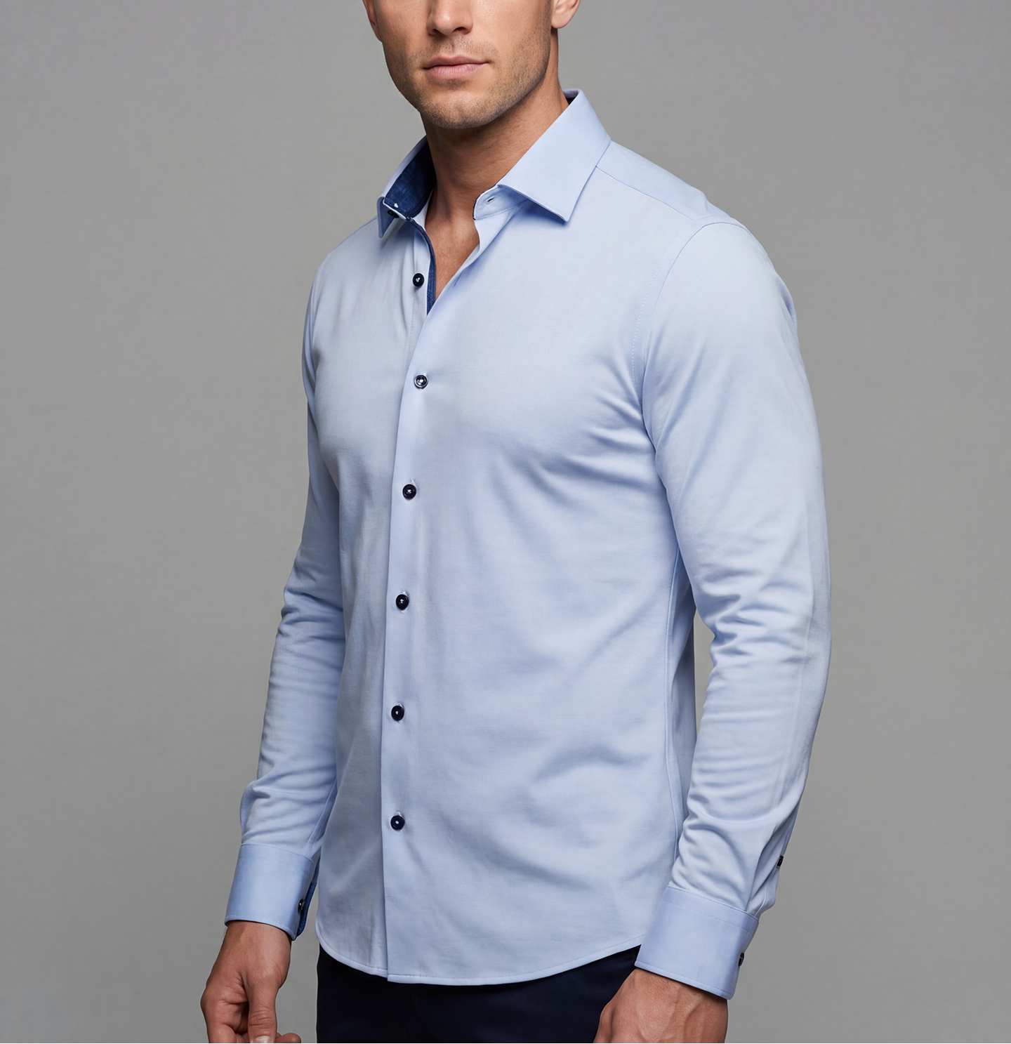 Ralph// Cotton Knit-Stretch Button-Up Shirt With Contrast Details // Blue // Tailored Fit (Fitted) LEVINAS® Official