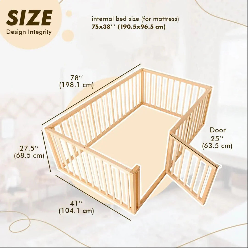 Full Montessori Floor Bed Frame for Toddlers with Fence Goodevas B2B