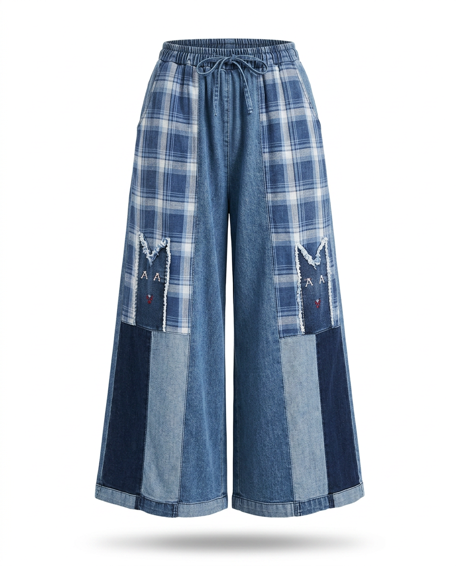 Unique Patchwork Wide Leg Trousers Boho Brown