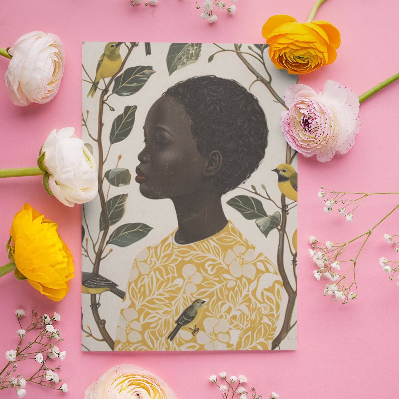 Black Girl Art Postcard - Of Bird and Bloom - Botanical Elegance Black Magic Social Club