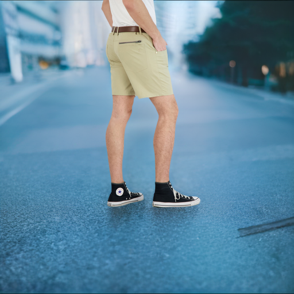 Everyday Stretch Shorts with a Comfortable Built-In Liner- Denim Style- Khaki LEVINAS® Official