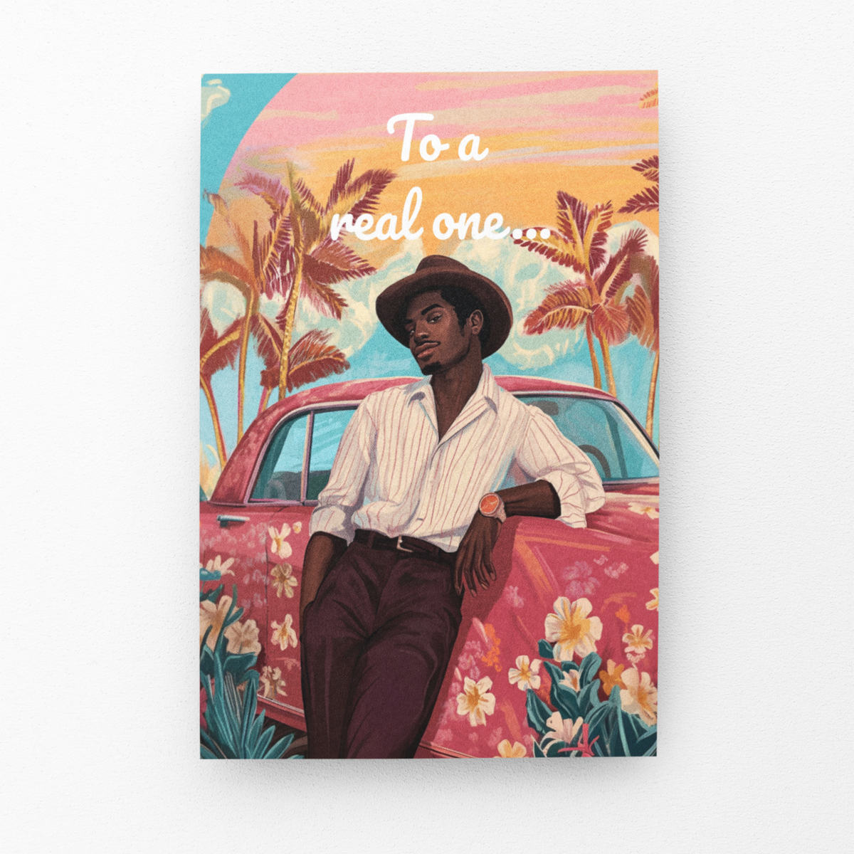 Greeting card for Black Father Figures – Floral Vintage Car Scene Black Magic Social Club