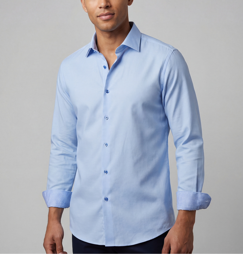 Joshua// Cotton Knit-Stretch Button-Up Shirt With Contrast Details // Blue // Tailored Fit (Fitted) LEVINAS® Official