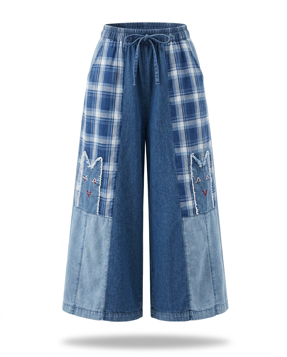Unique Patchwork Wide Leg Trousers Boho Brown