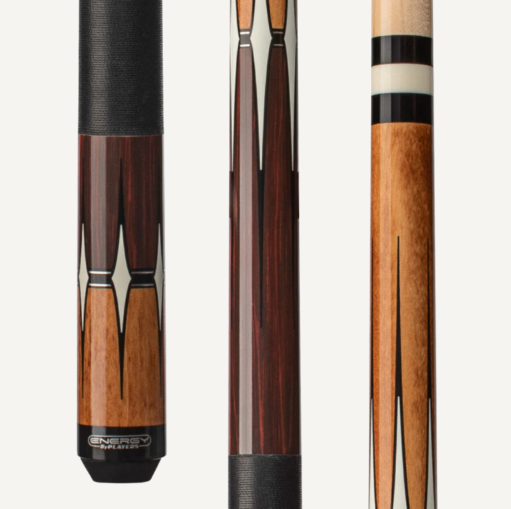 Players Energy Half & Half Antique stained maple & Rengas, White Diamond graphic w/Black Linen Wrap  Cue Stick C.P.Dean Company