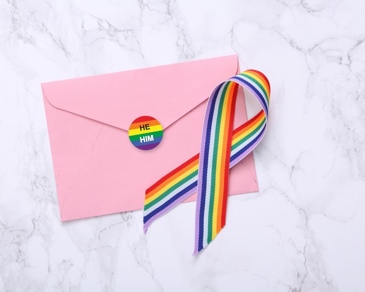 He Him Pronoun Rainbow Flag Stickers (250 Per Roll) The Awareness Company