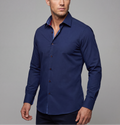 Kevin// Cotton Knit-Stretch Button-Up Shirt With Contrast Details // Navy // Tailored Fit (Fitted) LEVINAS® Official