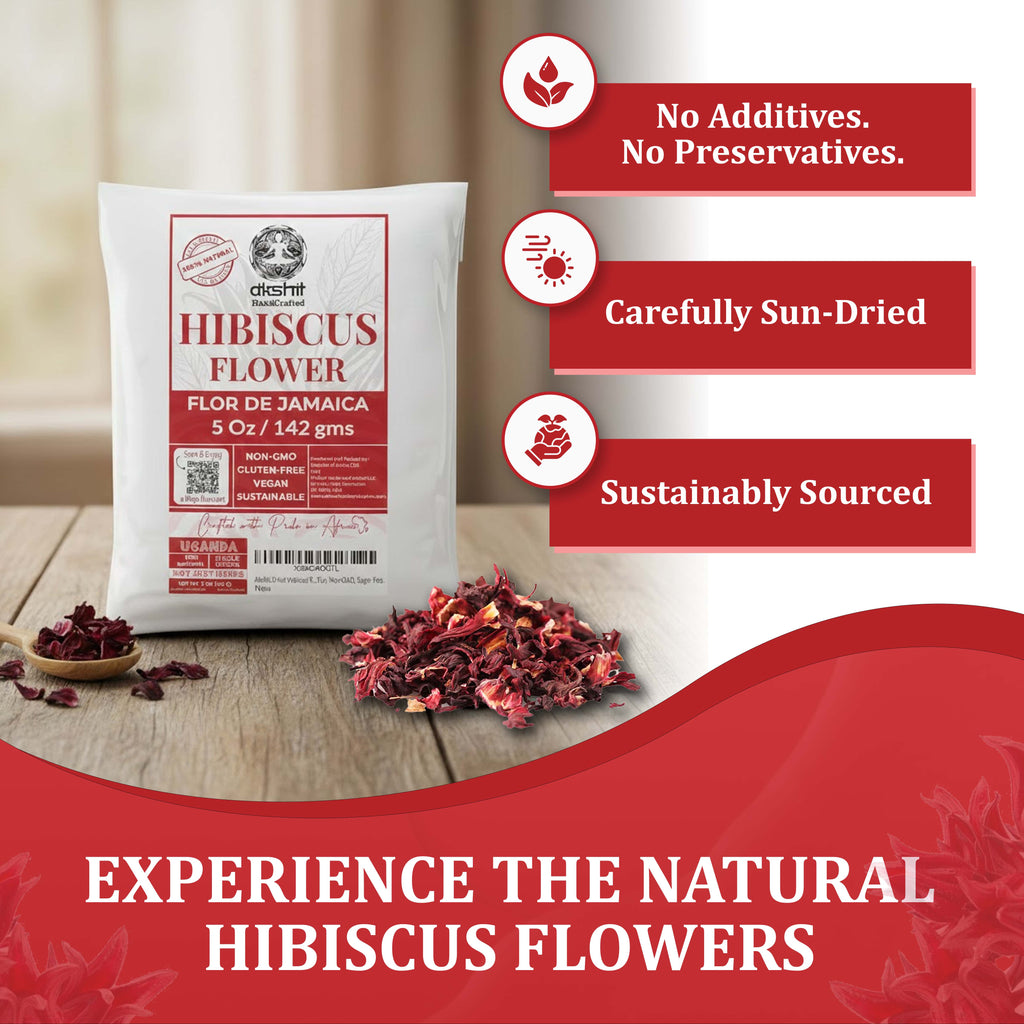 Akshit Hibiscus Flowers 5 oz  Herbal Tea | Flor de Jamaica tea | Dried Hibiscus | Loose Leaf Tea | Caffeine-Free | Vegan Friendly | Fleurs d'hibiscus bio Akshit Akshit