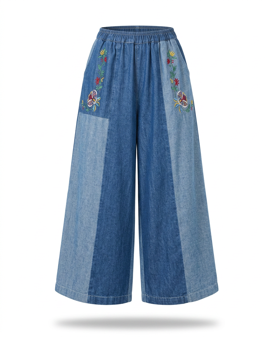 Unique Patchwork Wide Leg Trousers Boho Brown