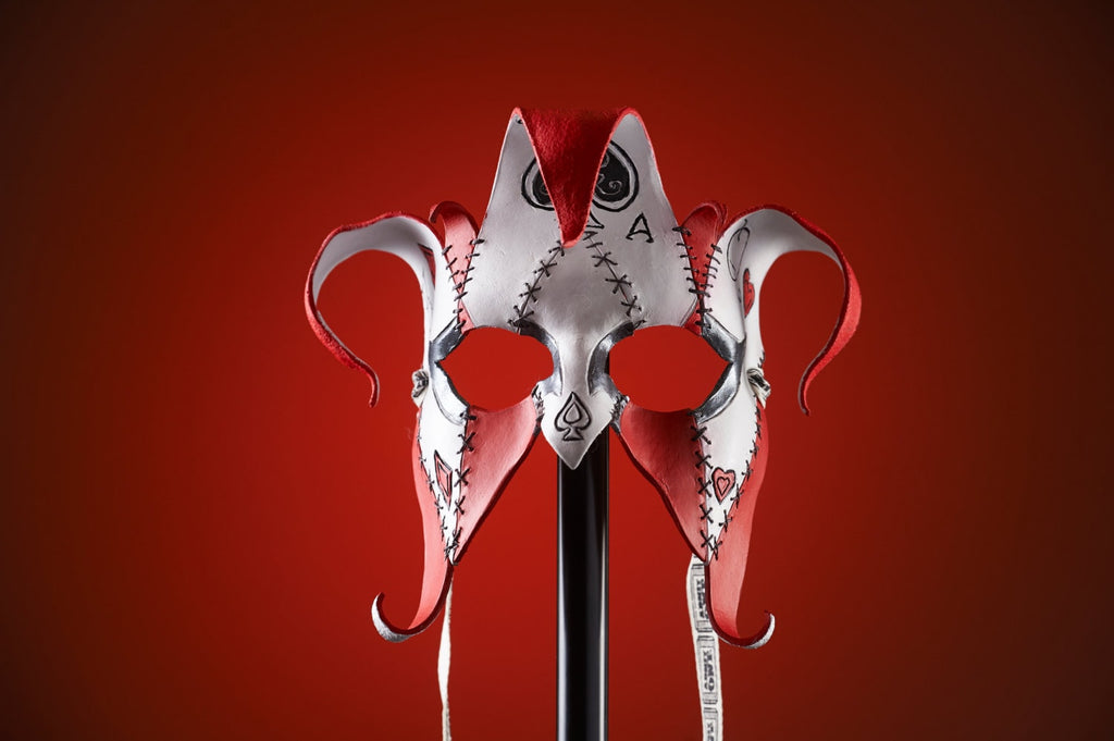 The Joker's Card-Joker Jester Handmade Genuine Leather Mask in Red Rockwell Masks