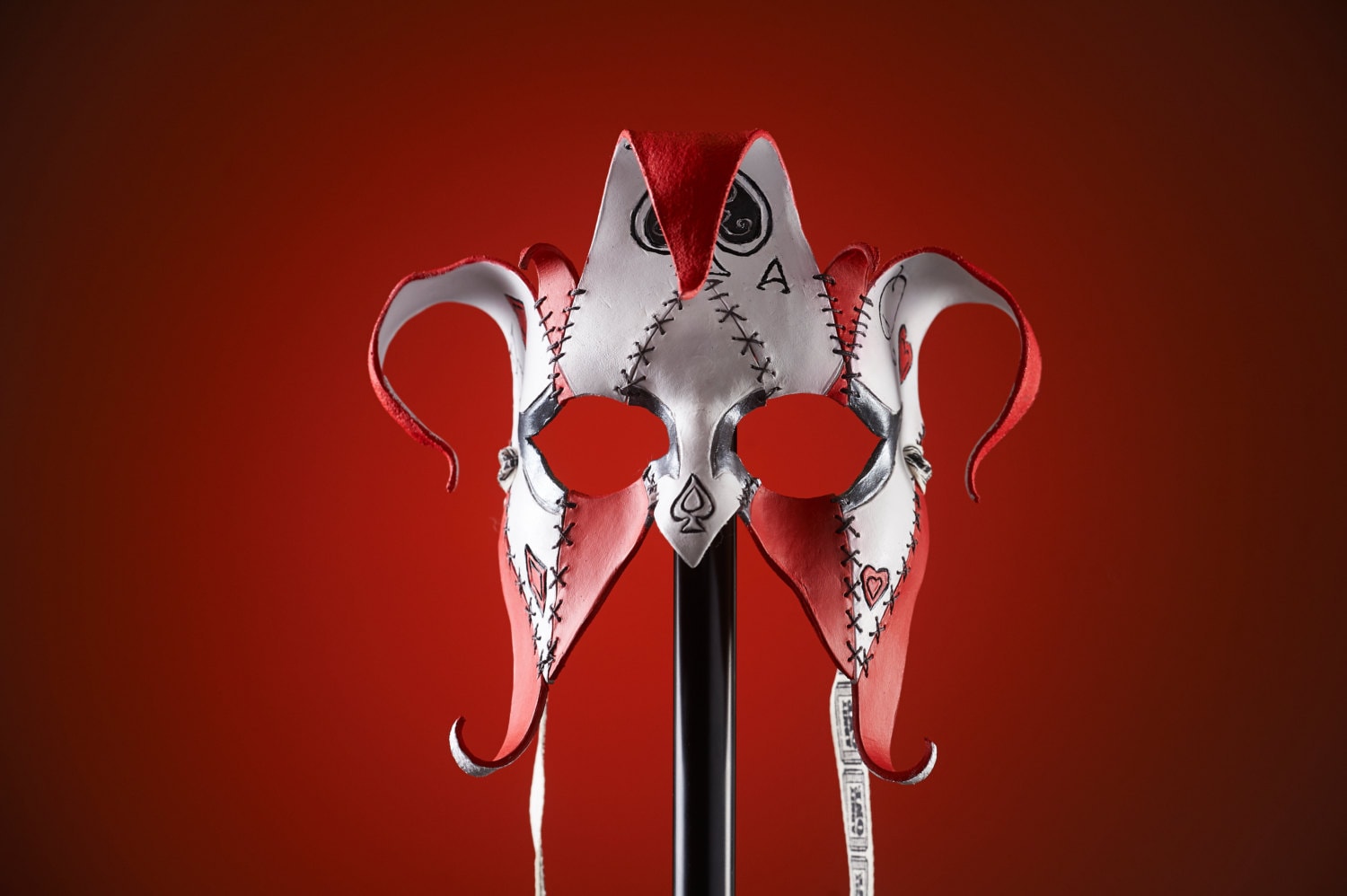 The Joker's Card-Joker Jester Handmade Genuine Leather Mask in Red Rockwell Masks