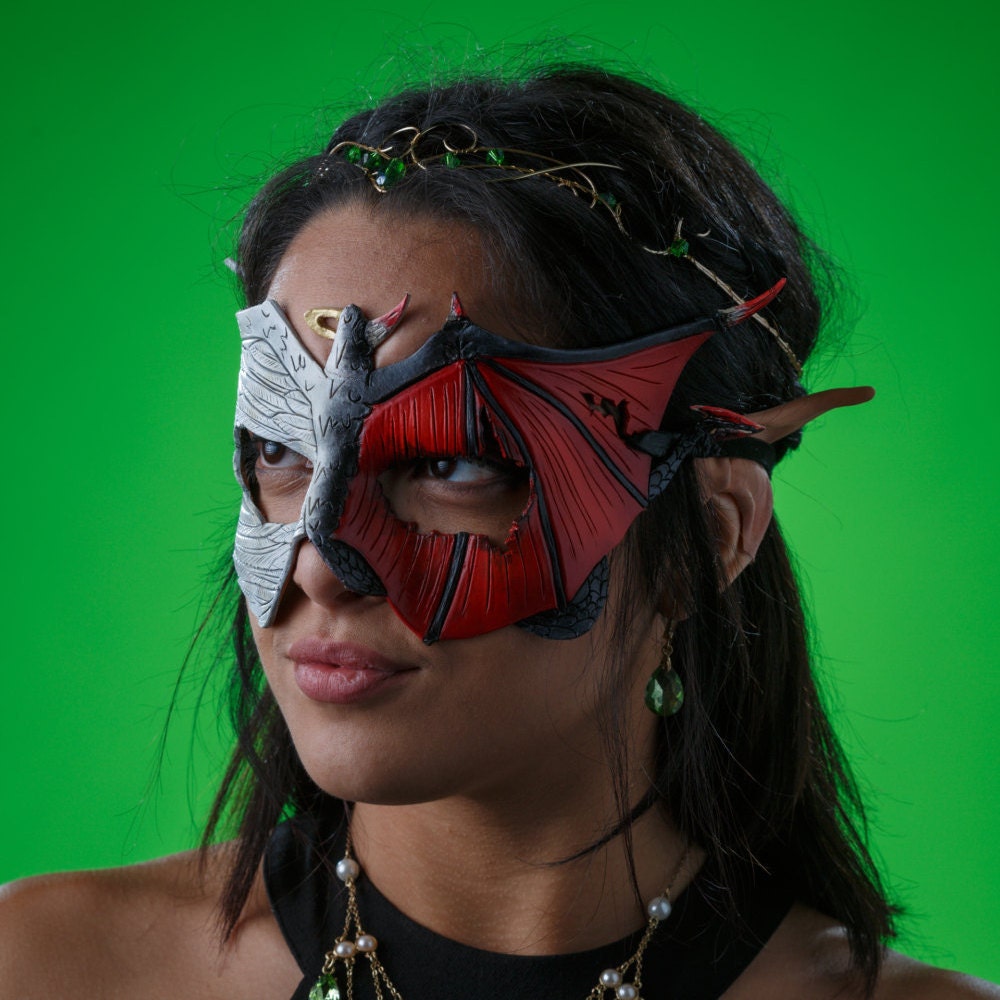 Angel Devil Handmade Genuine Leather Mask in Red and White for Masquerades Halloween or Cosplay- Good vs. Evil Rockwell Masks