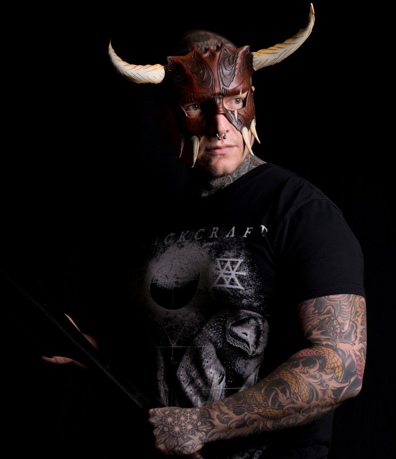 Handmade Genuine Leather Mask with Horns in Natural Colors - The Horned Beast Rockwell Masks