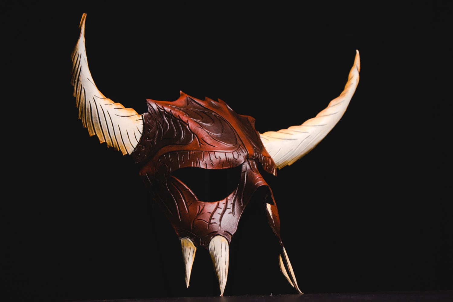 Handmade Genuine Leather Mask with Horns in Natural Colors - The Horned Beast Rockwell Masks