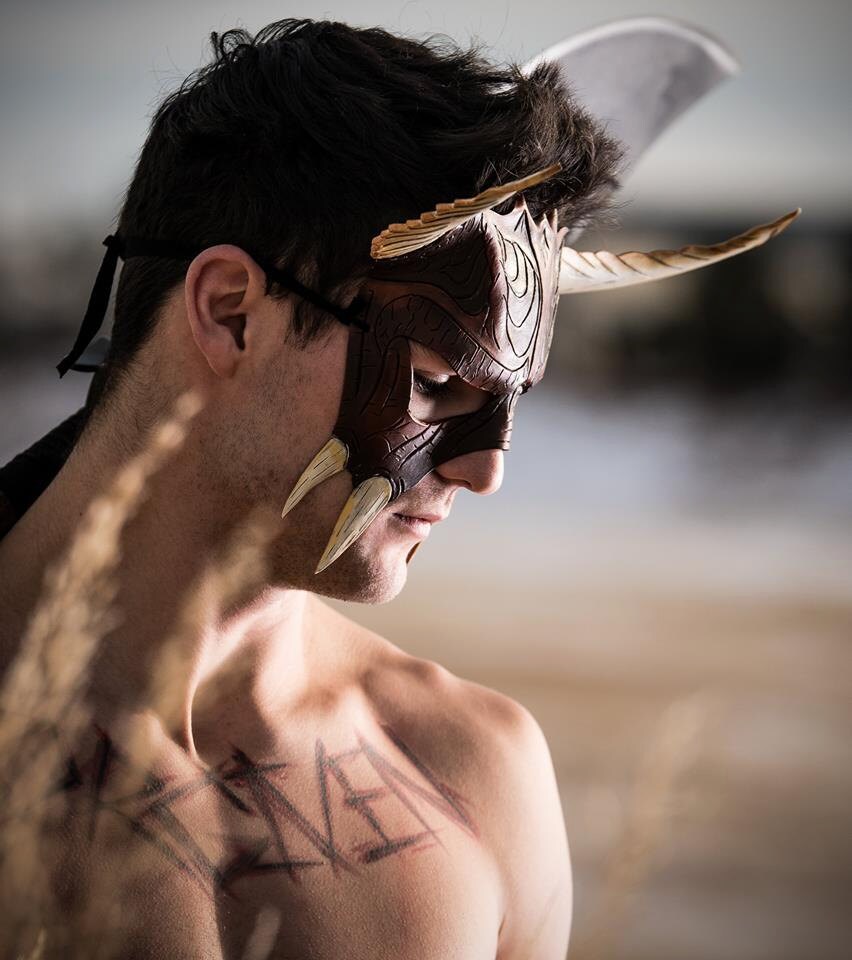 Handmade Genuine Leather Mask with Horns in Natural Colors - The Horned Beast Rockwell Masks