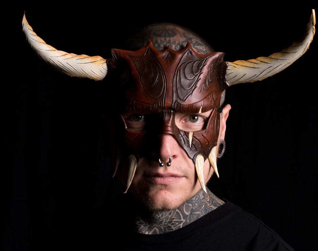 Handmade Genuine Leather Mask with Horns in Natural Colors - The Horned Beast Rockwell Masks