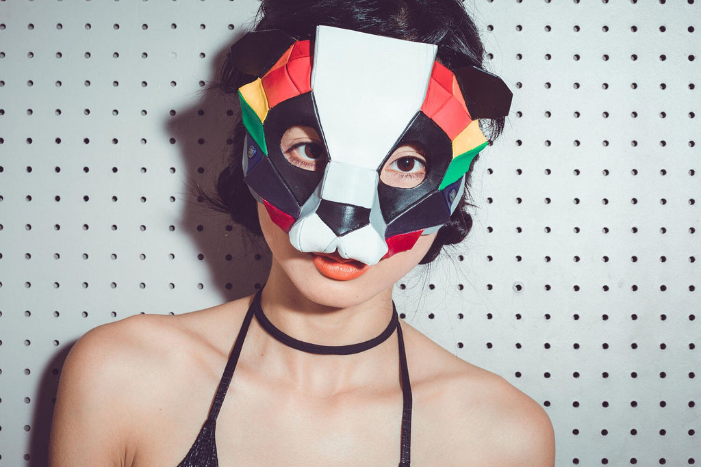 Geometric Rainbow Panda Bear Leather Mask Rockwell Masks