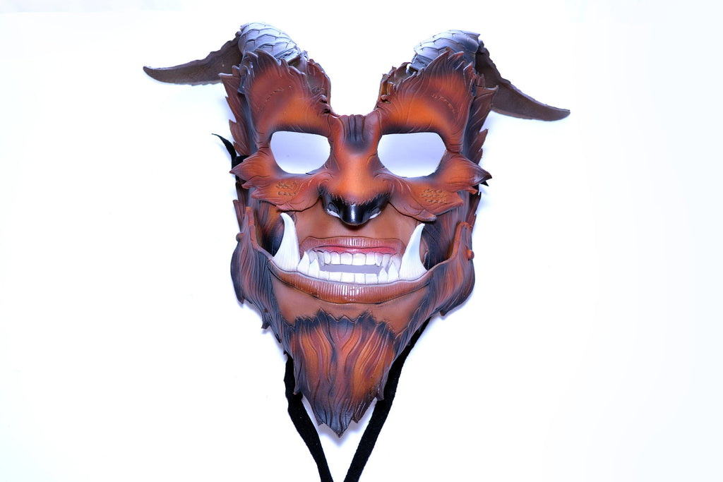 The Beast - Handmade Genuine Leather Mask with Horns in Natural Colors Rockwell Masks