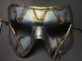 Harlequin Handmade Genuine Leather Mask in Silver Rust Rockwell Masks