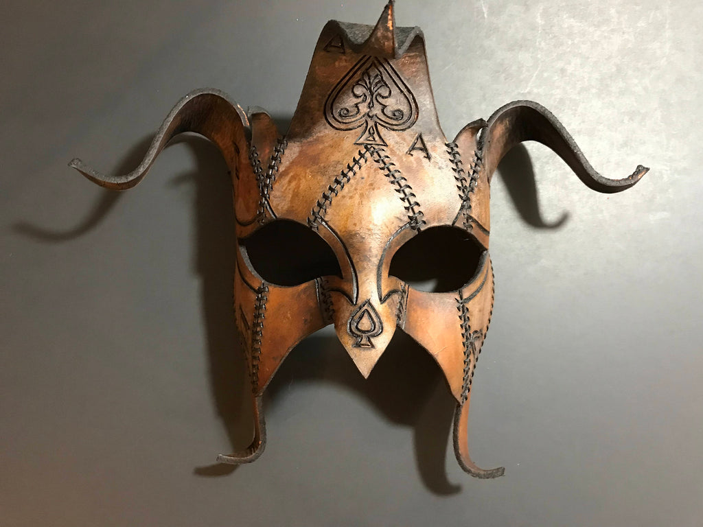 The Joker's Card- Joker Jester Handmade Genuine Leather Mask in Dyed Leather Rockwell Masks