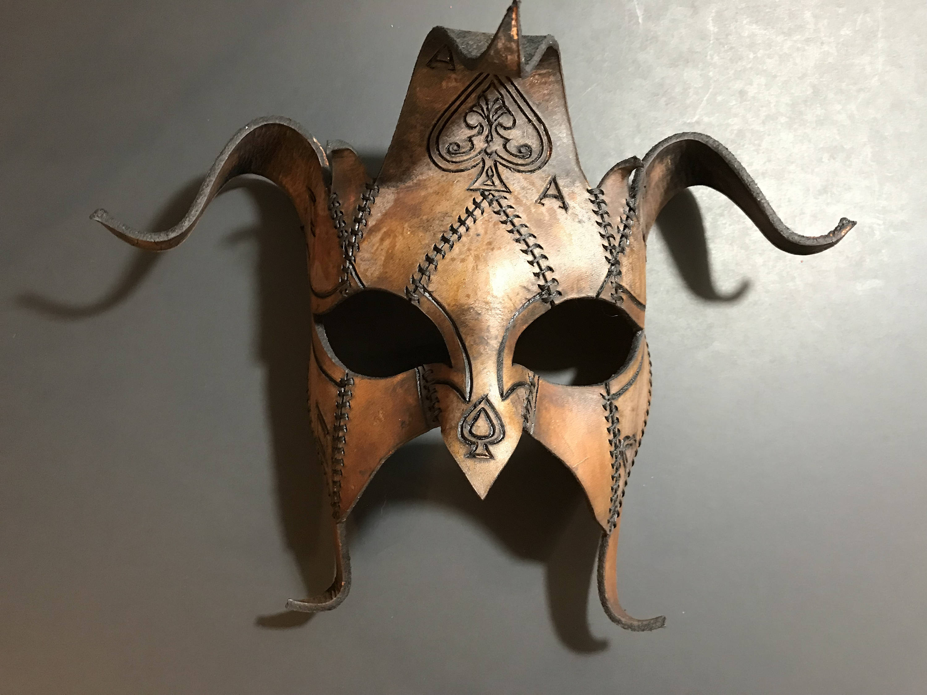 The Joker's Card- Joker Jester Handmade Genuine Leather Mask in Dyed Leather Rockwell Masks