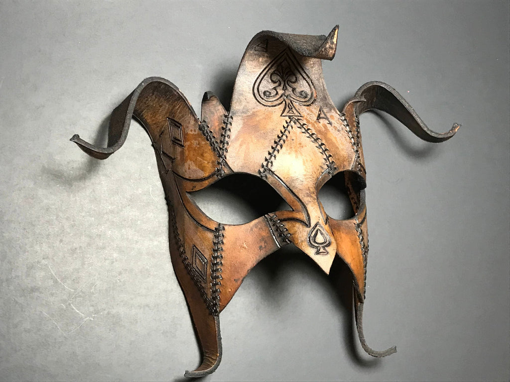 The Joker's Card- Joker Jester Handmade Genuine Leather Mask in Dyed Leather Rockwell Masks