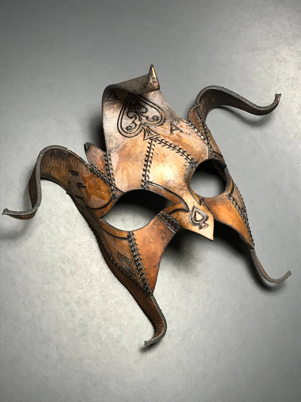 The Joker's Card- Joker Jester Handmade Genuine Leather Mask in Dyed Leather Rockwell Masks