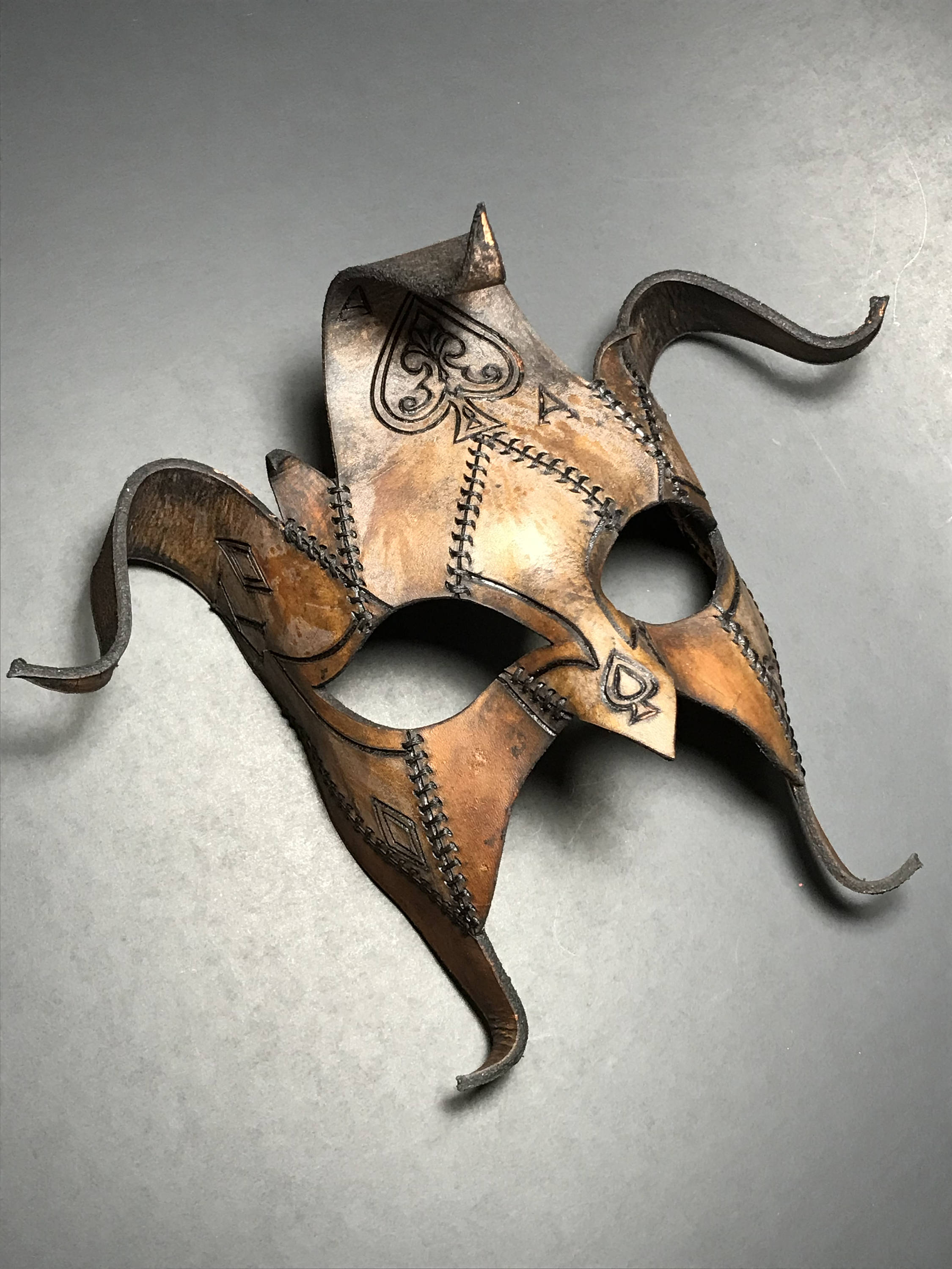 The Joker's Card- Joker Jester Handmade Genuine Leather Mask in Dyed Leather Rockwell Masks