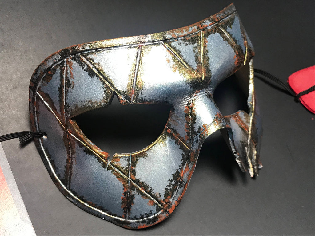 Harlequin Handmade Genuine Leather Mask in Silver Rust Rockwell Masks