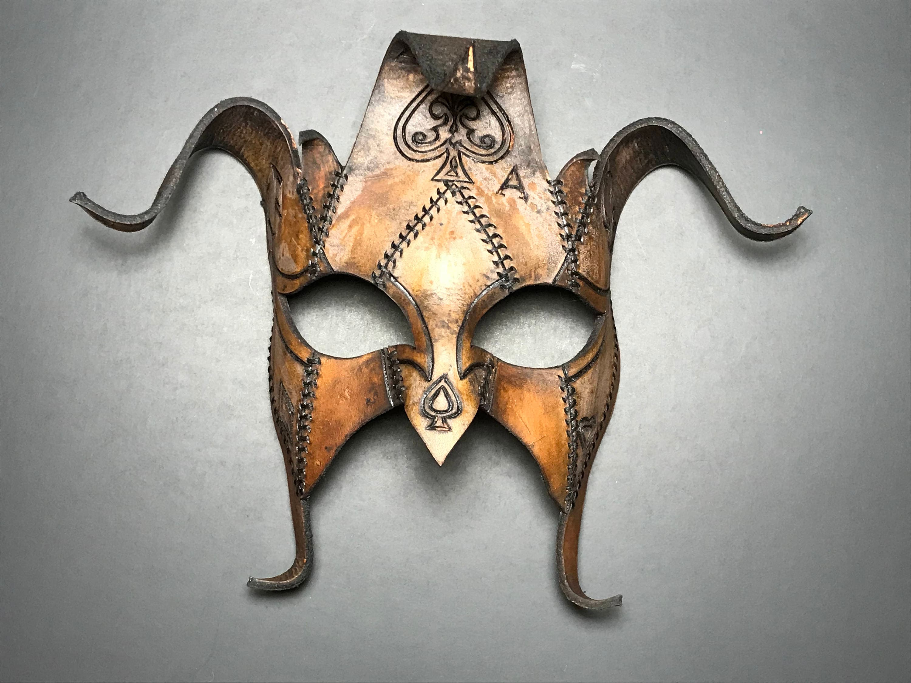 The Joker's Card- Joker Jester Handmade Genuine Leather Mask in Dyed Leather Rockwell Masks