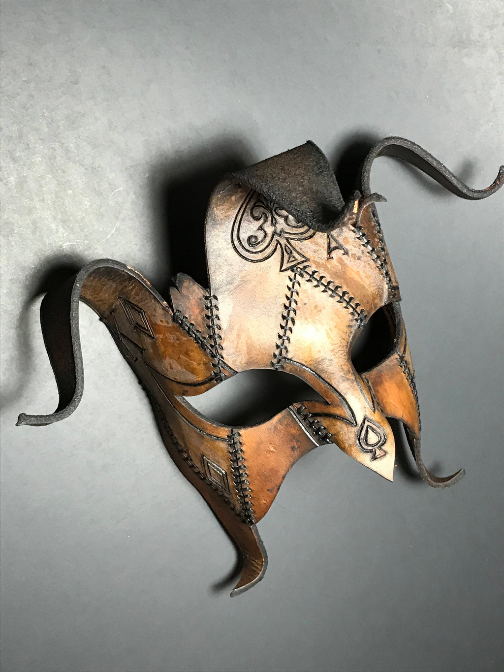 The Joker's Card- Joker Jester Handmade Genuine Leather Mask in Dyed Leather Rockwell Masks