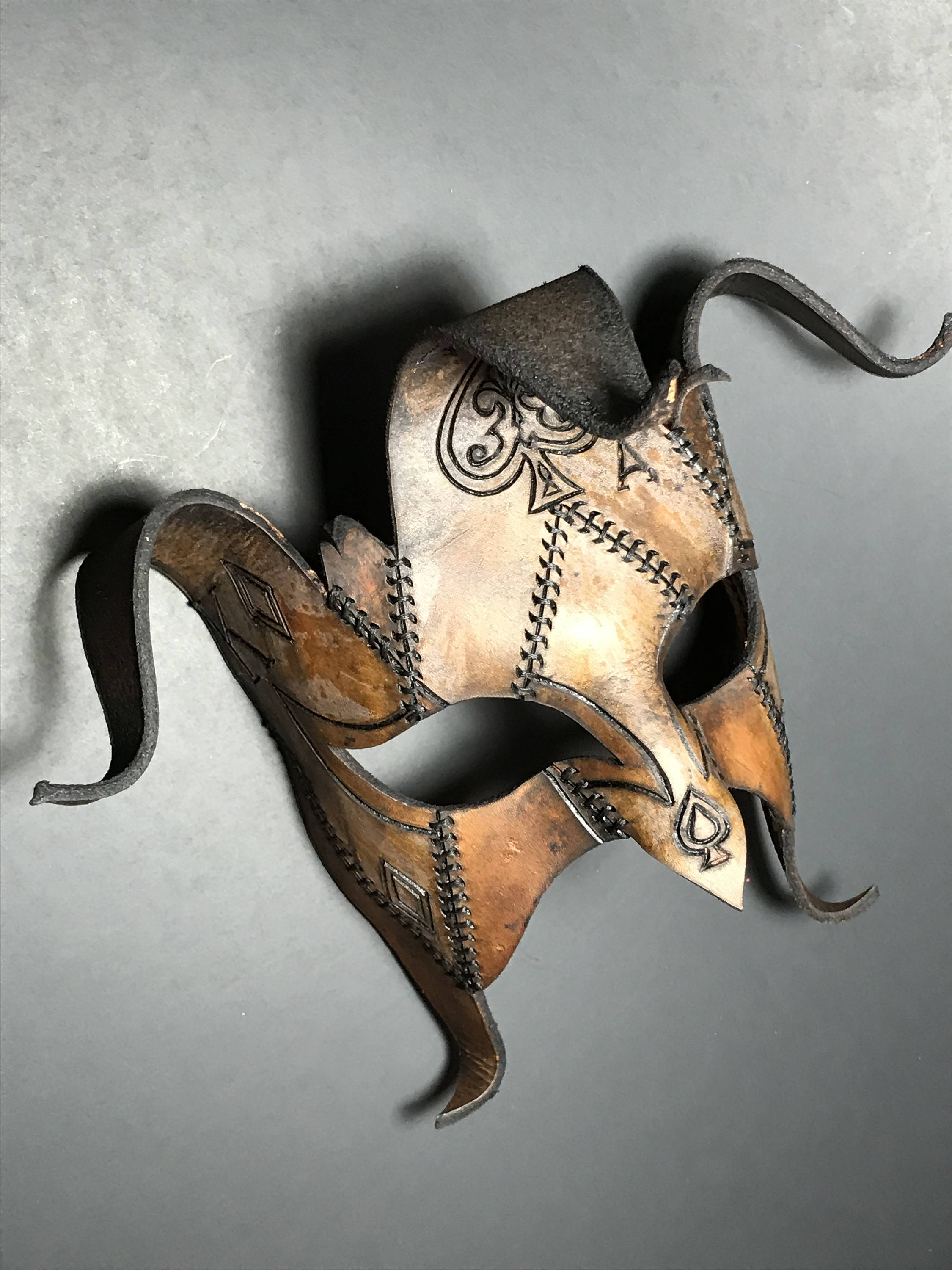 The Joker's Card- Joker Jester Handmade Genuine Leather Mask in Dyed Leather Rockwell Masks