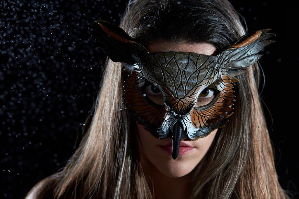 Layered Horned Owl Handmade Genuine Leather Mask Rockwell Masks