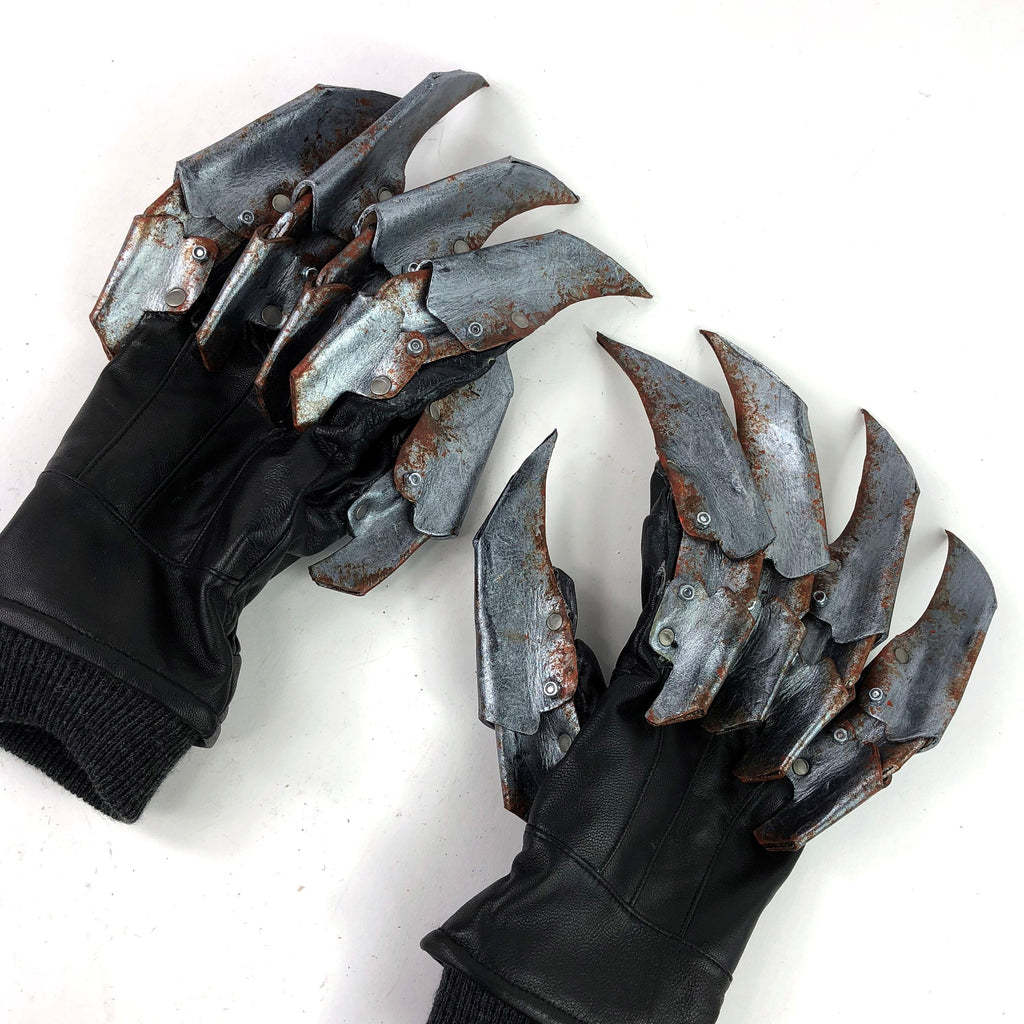 One Set of Two Handcrafted Genuine Leather Gloves with Claws in Rusted Metal Paint Rockwell Masks