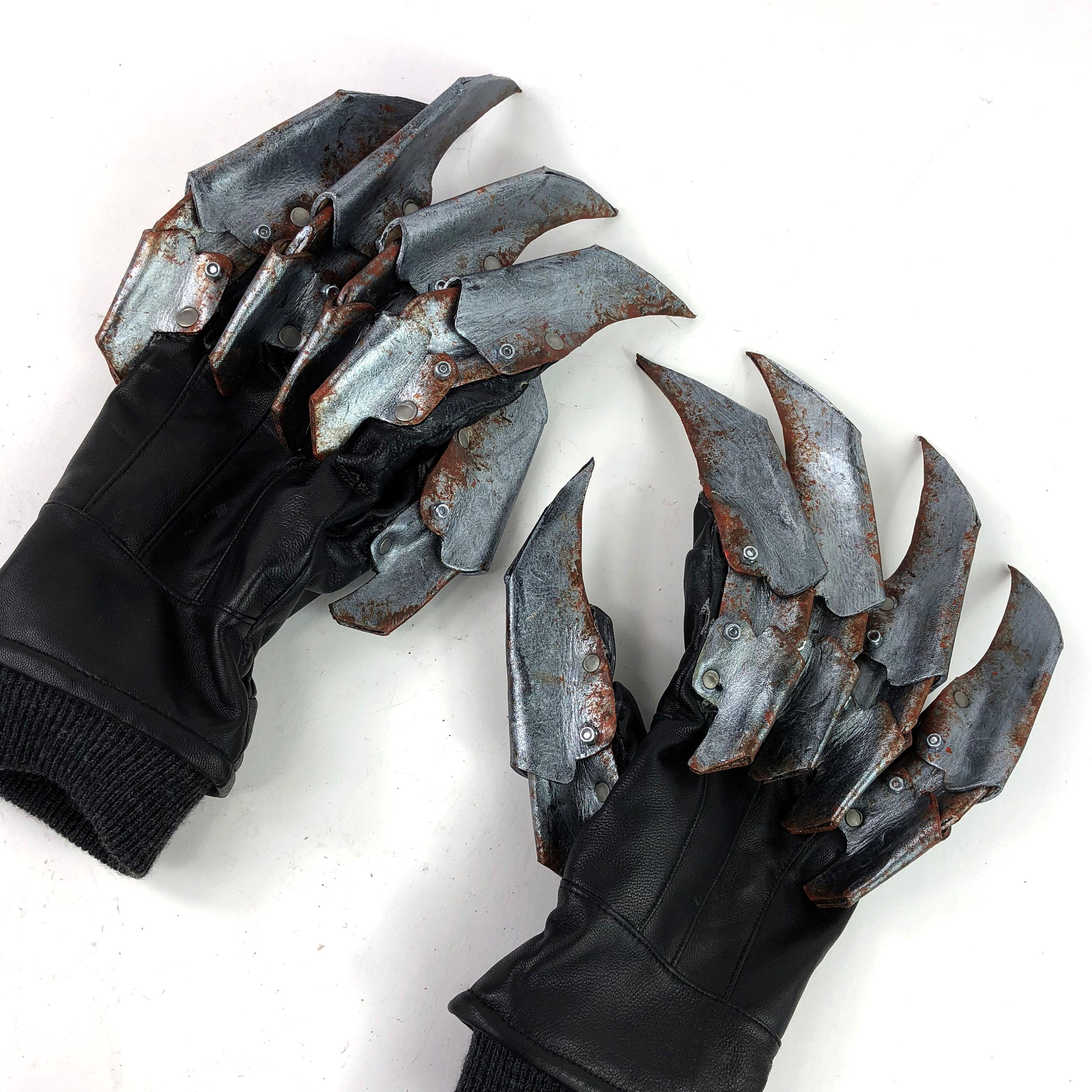 One Set of Two Handcrafted Genuine Leather Gloves with Claws in Rusted Metal Paint Rockwell Masks