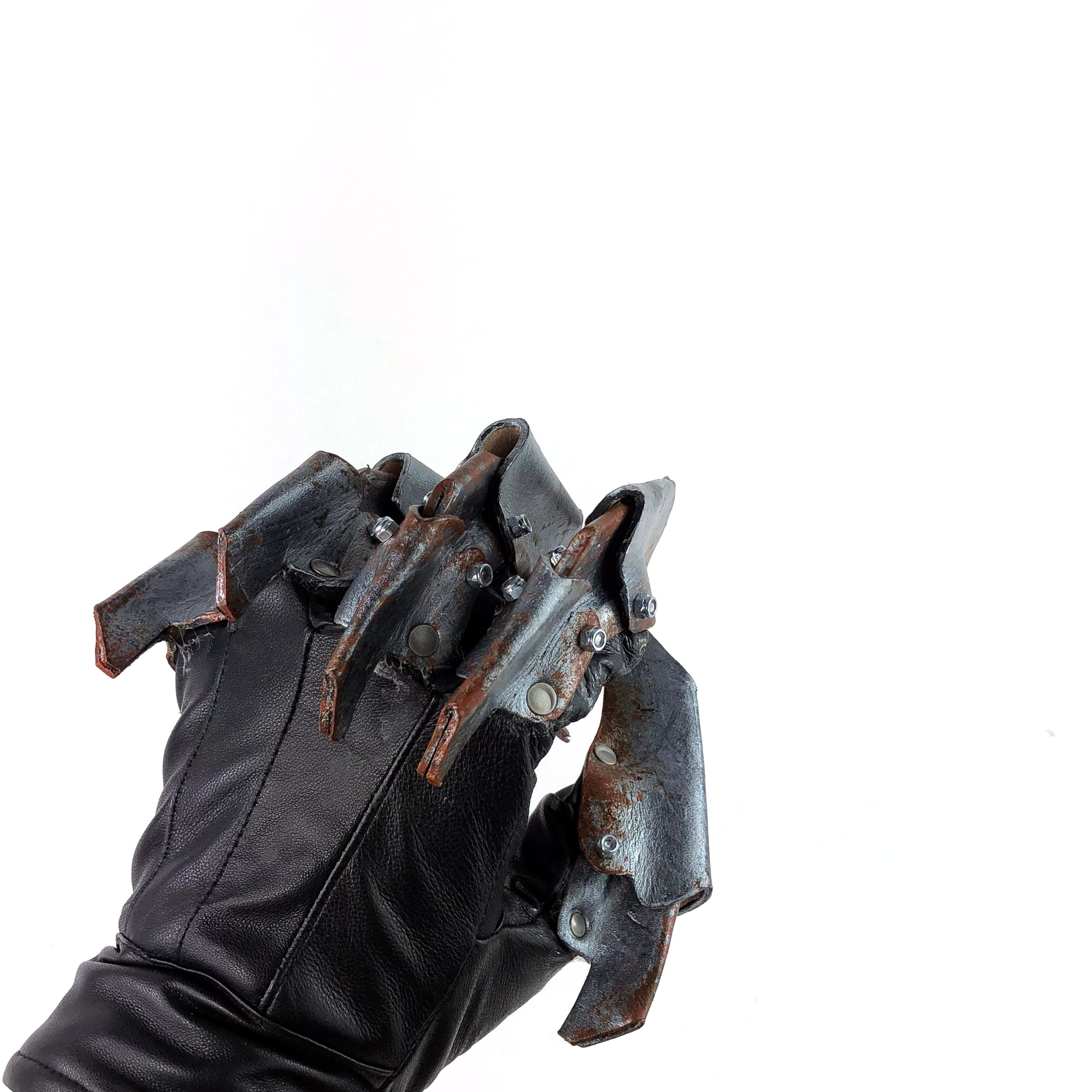 One Set of Two Handcrafted Genuine Leather Gloves with Claws in Rusted Metal Paint Rockwell Masks