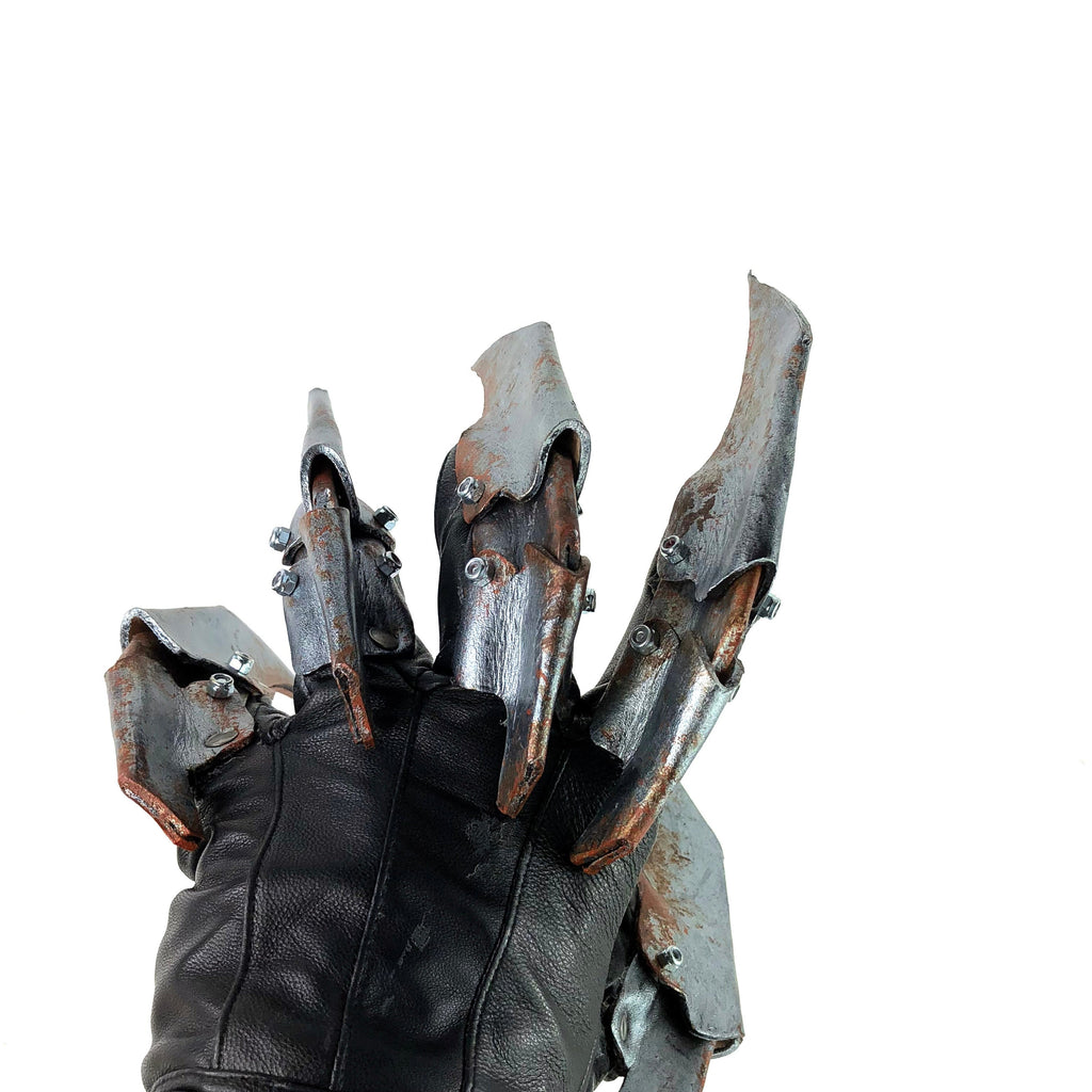One Set of Two Handcrafted Genuine Leather Gloves with Claws in Rusted Metal Paint Rockwell Masks
