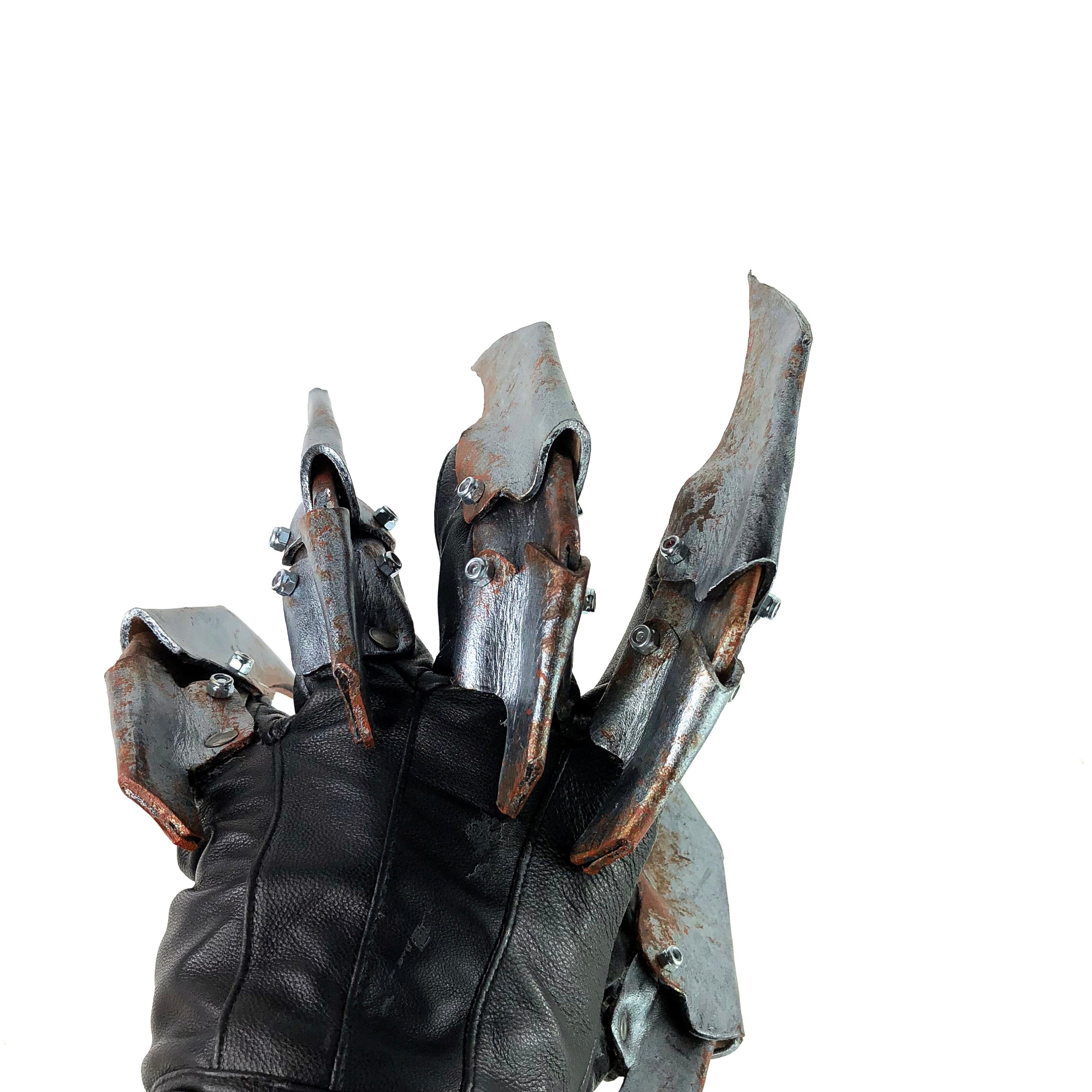 One Set of Two Handcrafted Genuine Leather Gloves with Claws in Rusted Metal Paint Rockwell Masks