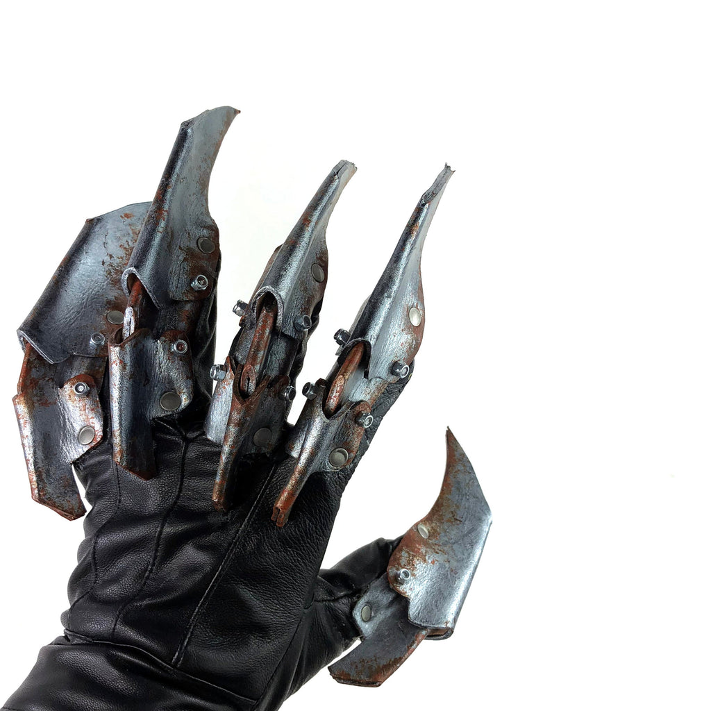 One Set of Two Handcrafted Genuine Leather Gloves with Claws in Rusted Metal Paint Rockwell Masks