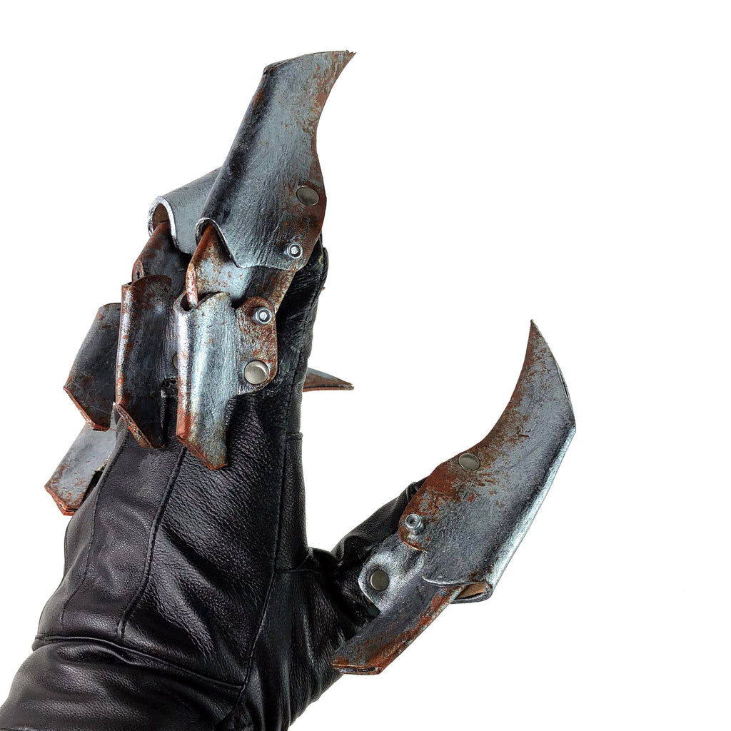 One Set of Two Handcrafted Genuine Leather Gloves with Claws in Rusted Metal Paint Rockwell Masks