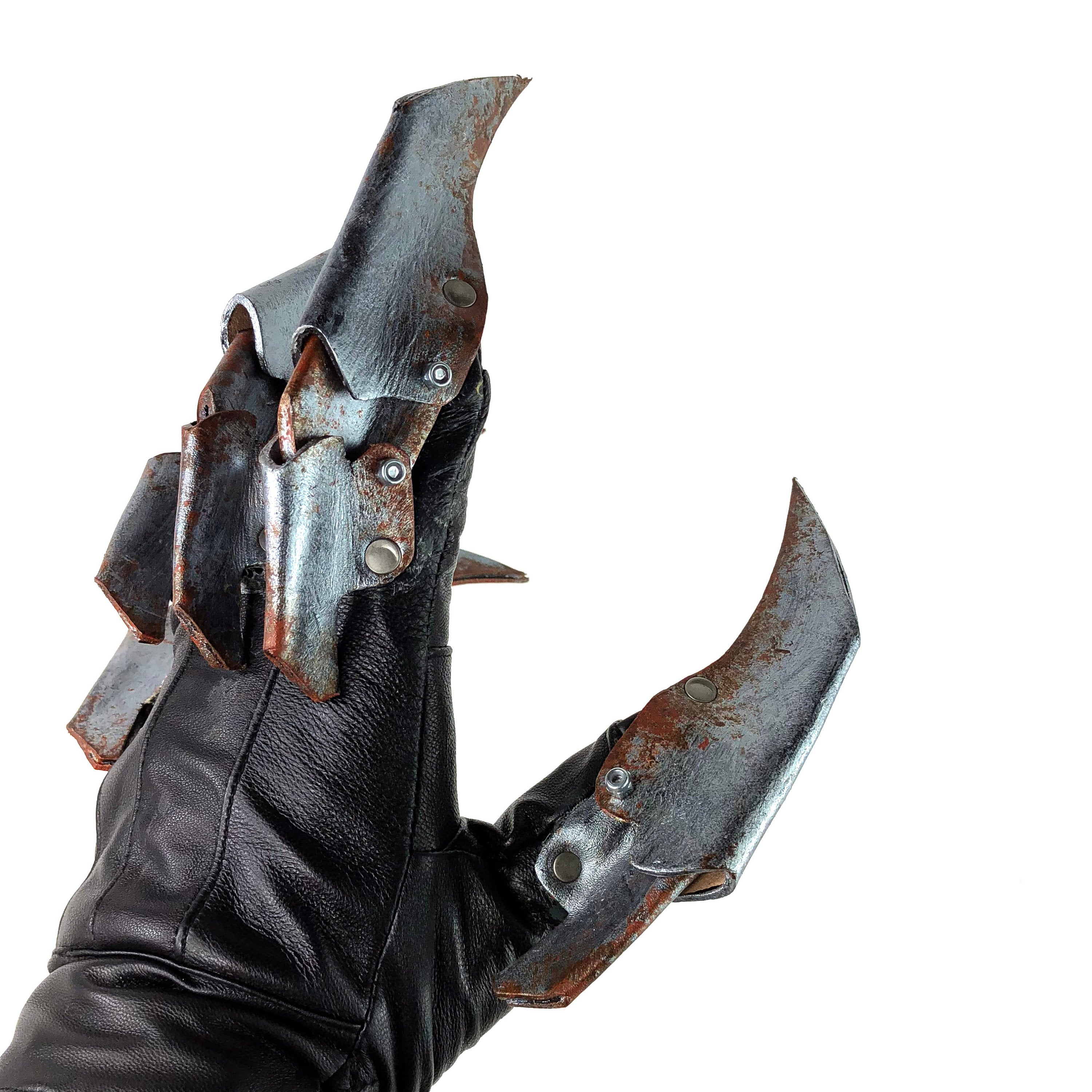 One Set of Two Handcrafted Genuine Leather Gloves with Claws in Rusted Metal Paint Rockwell Masks