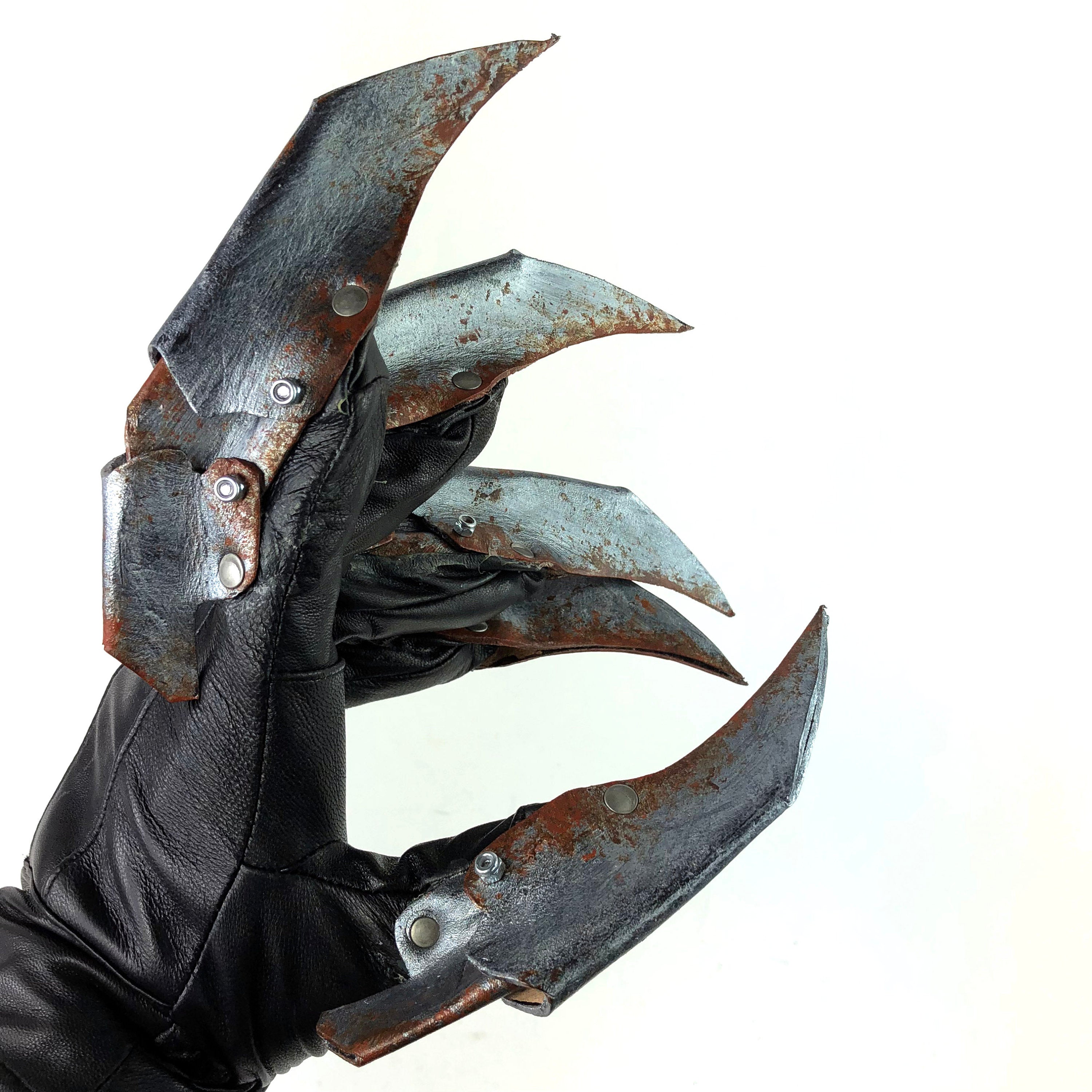 One Set of Two Handcrafted Genuine Leather Gloves with Claws in Rusted Metal Paint Rockwell Masks