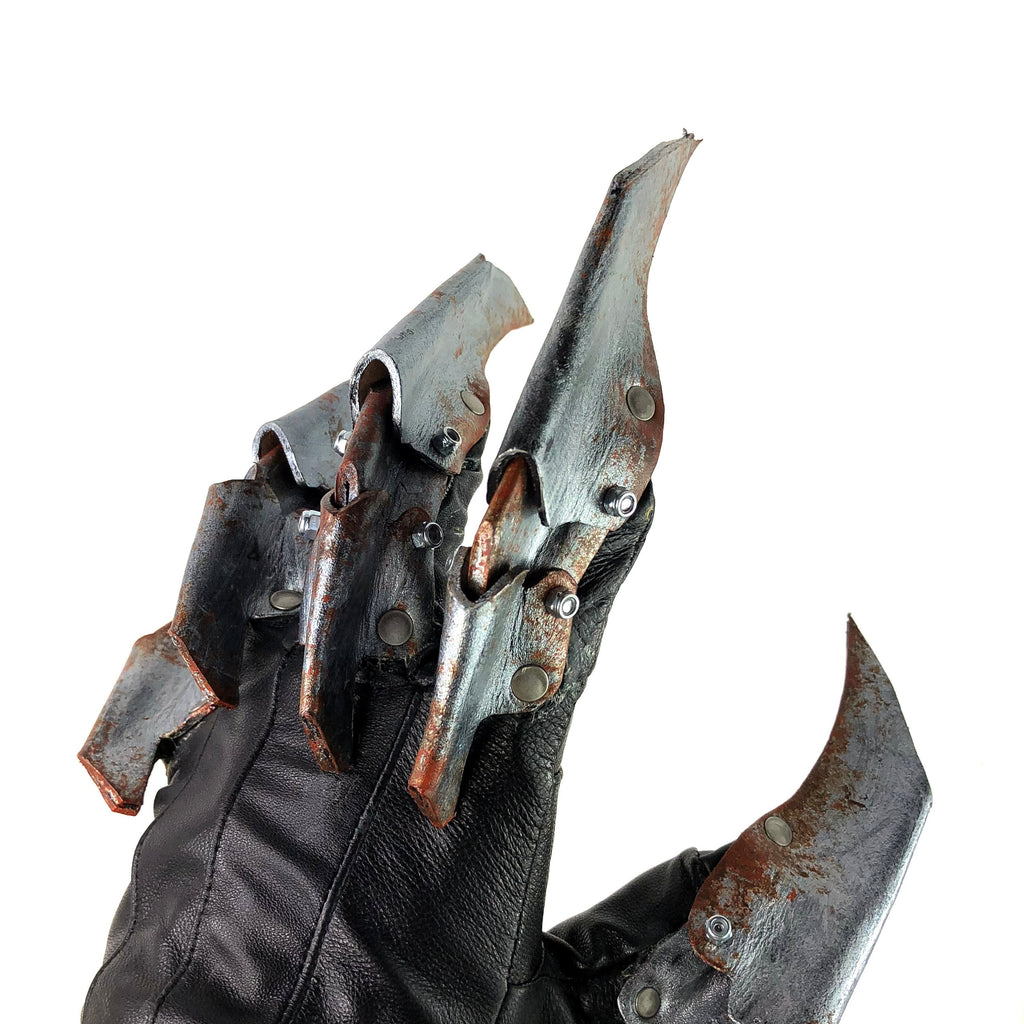 One Set of Two Handcrafted Genuine Leather Gloves with Claws in Rusted Metal Paint Rockwell Masks