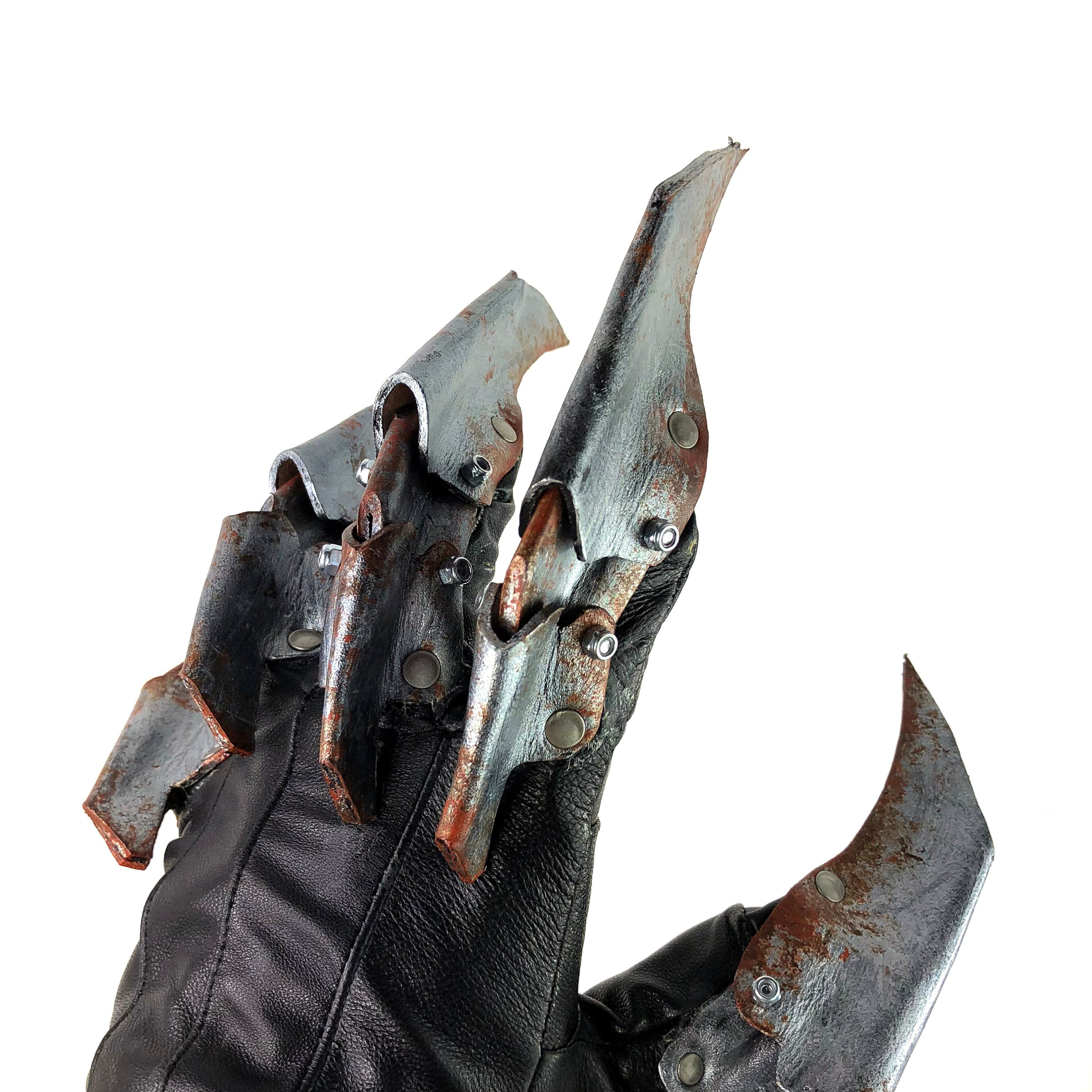 One Set of Two Handcrafted Genuine Leather Gloves with Claws in Rusted Metal Paint Rockwell Masks