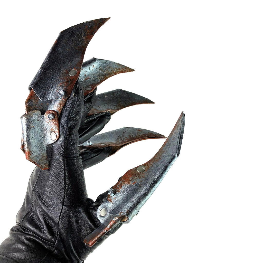 One Set of Two Handcrafted Genuine Leather Gloves with Claws in Rusted Metal Paint Rockwell Masks