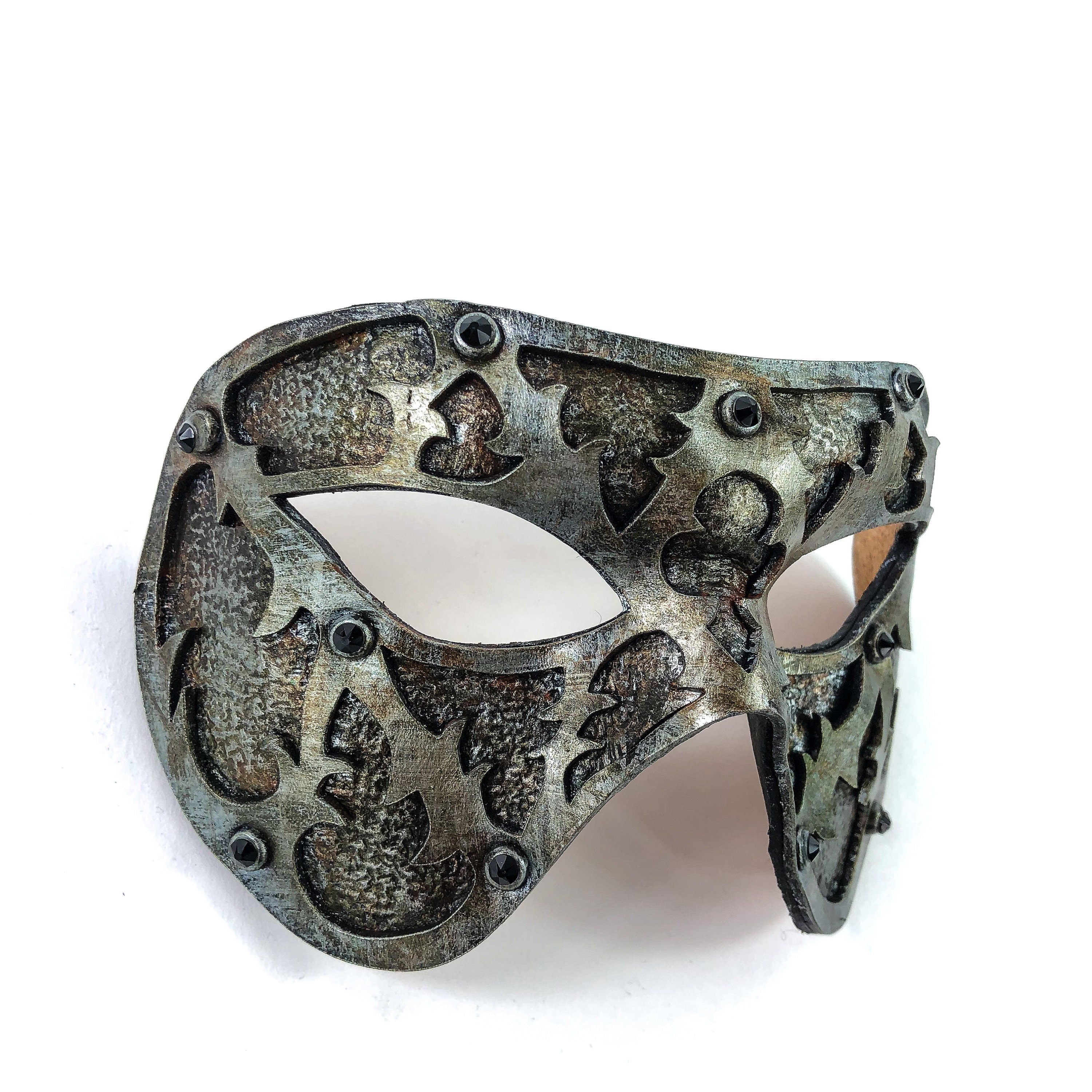 Dual Layer Handmade Genuine Leather Mask in Silver Rust with Swarovski Crystals Rockwell Masks