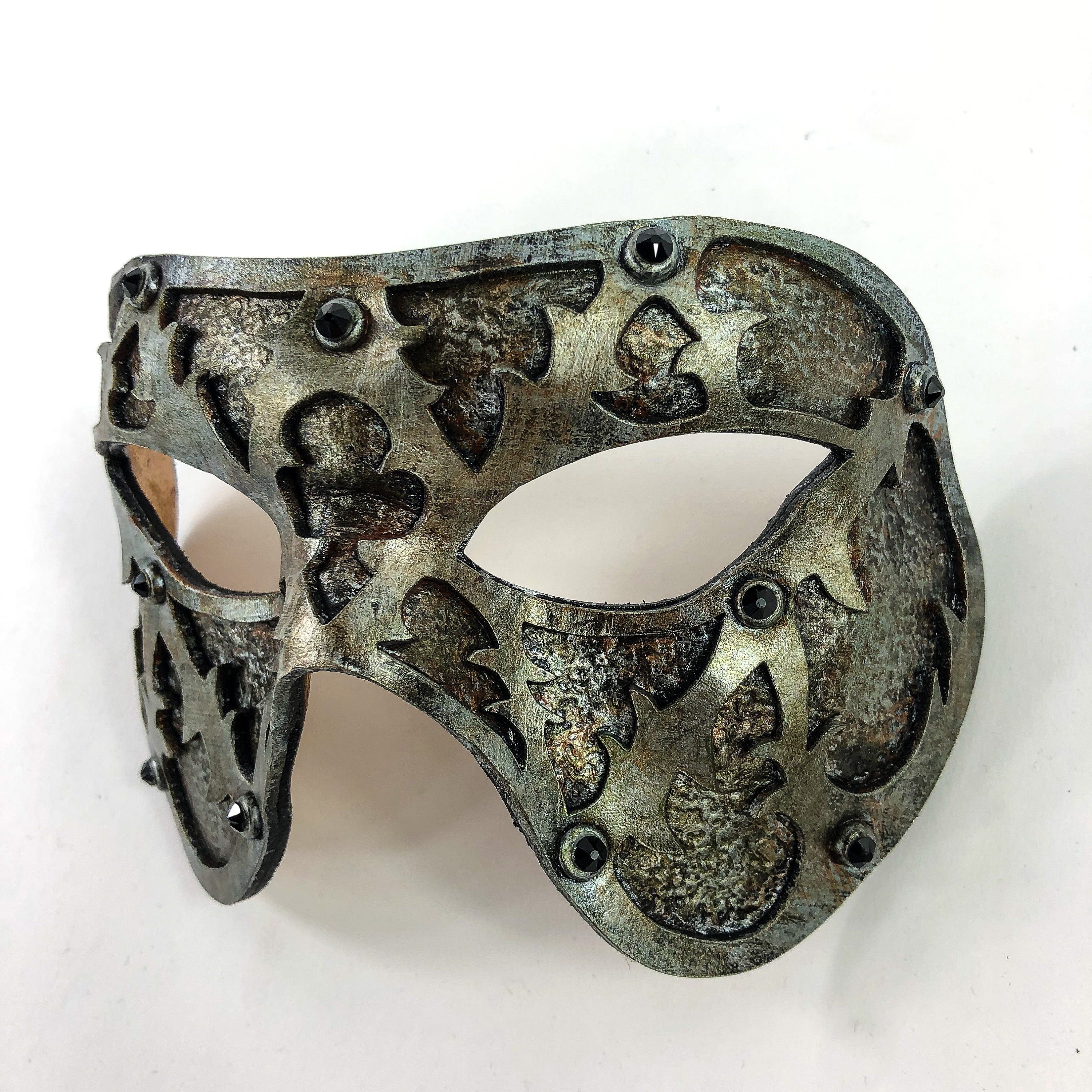 Dual Layer Handmade Genuine Leather Mask in Silver Rust with Swarovski Crystals Rockwell Masks